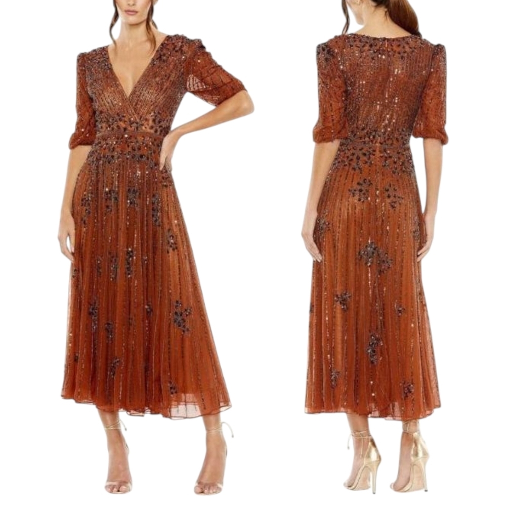 Mac Duggal Brown #5995 Cinnamon  Pleated Embellished Midi Dress NWT - Picture 2 of 3